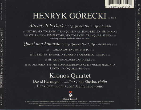 Henryk Górecki, Kronos Quartet - Already It Is Dusk, String Quartet No. 1, Op. 62 / Quasi Una Fantasia, String Quartet No. 2, Op. 64 (CD, Album) (Near Mint (NM or M-)) - Image 2