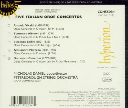 Tomaso Albinoni · Vincenzo Bellini · Domenico Cimarosa · Alessandro Marcello · Antonio Vivaldi – Nicholas Daniel, Peterborough String Orchestra - Five Italian Oboe Concertos (CD, Album, RE) (Near Mint (NM or M-)) - Image 2