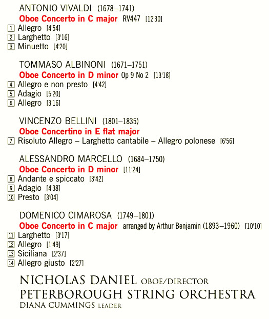 Tomaso Albinoni · Vincenzo Bellini · Domenico Cimarosa · Alessandro Marcello · Antonio Vivaldi – Nicholas Daniel, Peterborough String Orchestra - Five Italian Oboe Concertos (CD, Album, RE) (Near Mint (NM or M-)) - Image 3