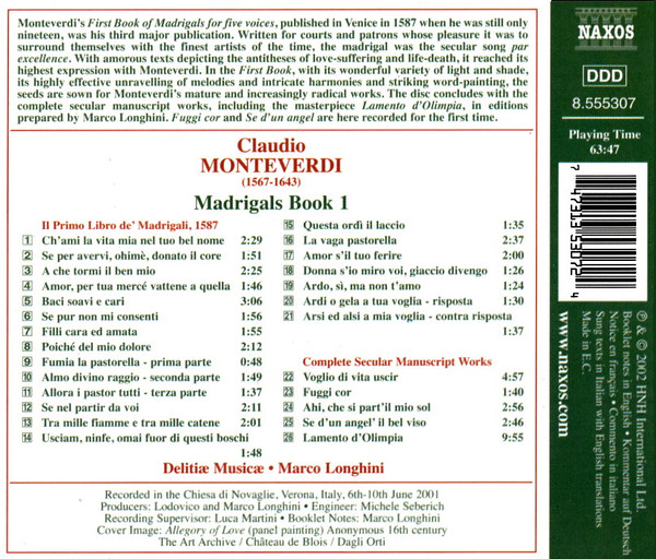 Claudio Monteverdi - Delitiæ Musicae, Marco Longhini (2) - Madrigals Book 1 (CD, Album) (Near Mint (NM or M-)) - Image 2