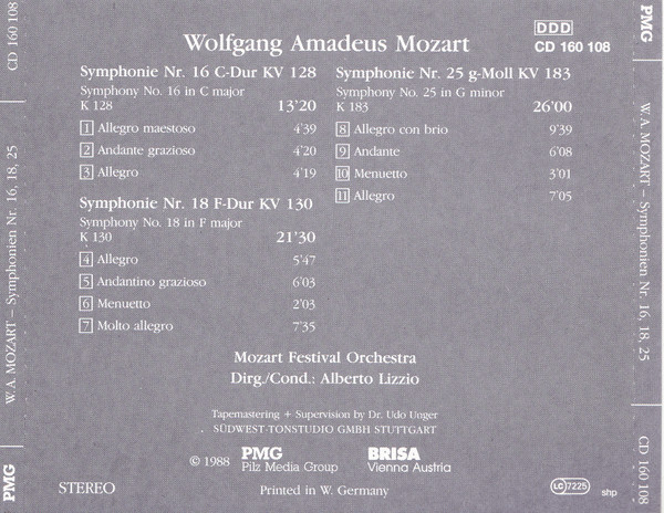 Wolfgang Amadeus Mozart - Mozart Festival Orchestra (2), Alberto Lizzio - Symphonien Nr. 16, 18 Und 25 (CD) (Near Mint (NM or M-)) - Image 2