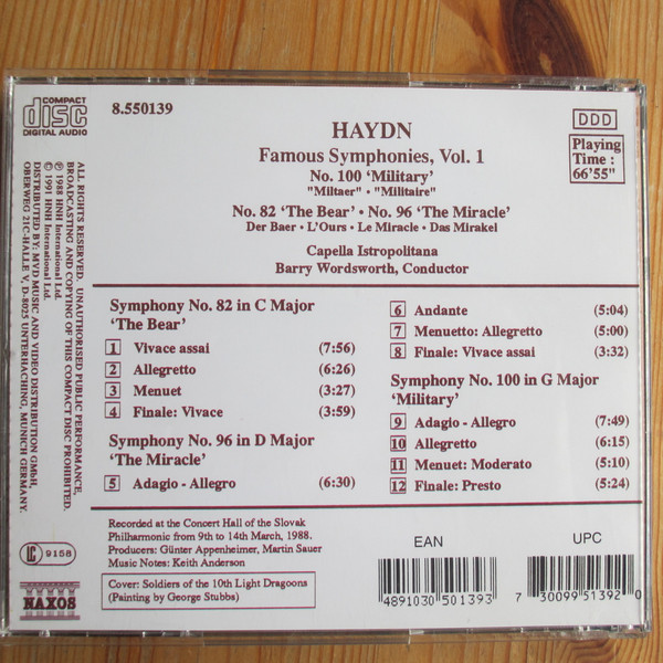 Joseph Haydn, Capella Istropolitana, Barry Wordsworth - Famous Symphonies, Vol 1 (No.100 'Military' / No.82 'The Bear' / No.96 'The Miracle') (CD, Album) (Near Mint (NM or M-)) - Image 2