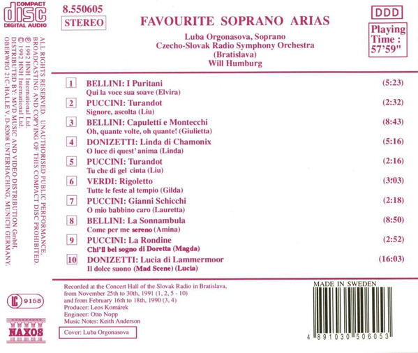 Luba Orgonasova - Slovak Radio Symphony Orchestra, Will Humburg - Favourite Soprano Arias (CD, Album) (Near Mint (NM or M-)) - Image 2