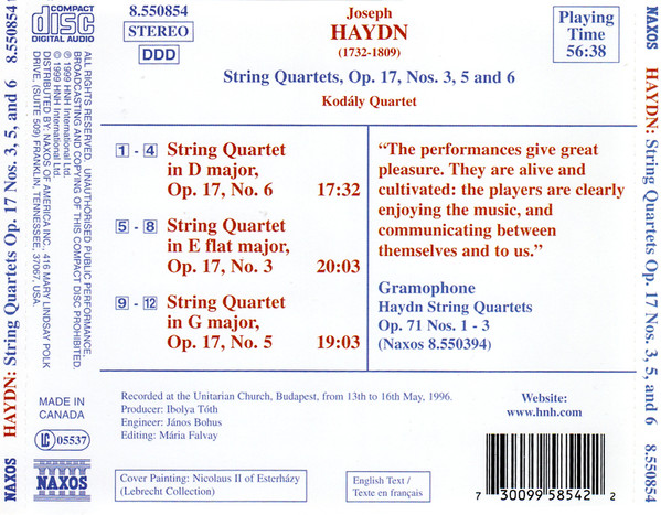 Joseph Haydn / Kodály Quartet - String Quartets Op.17, Nos. 3, 5 And 6 (CD, Album) (Near Mint (NM or M-)) - Image 2