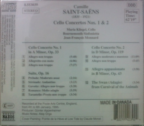 Camille Saint-Saëns, Maria Kliegel, Bournemouth Sinfonietta, Jean-François Monnard - Cello Concertos Nos. 1 And 2 • Suite, Op. 16 • Allegro Appassionato • The Swan (CD, Album) (Near Mint (NM or M-)) - Image 2