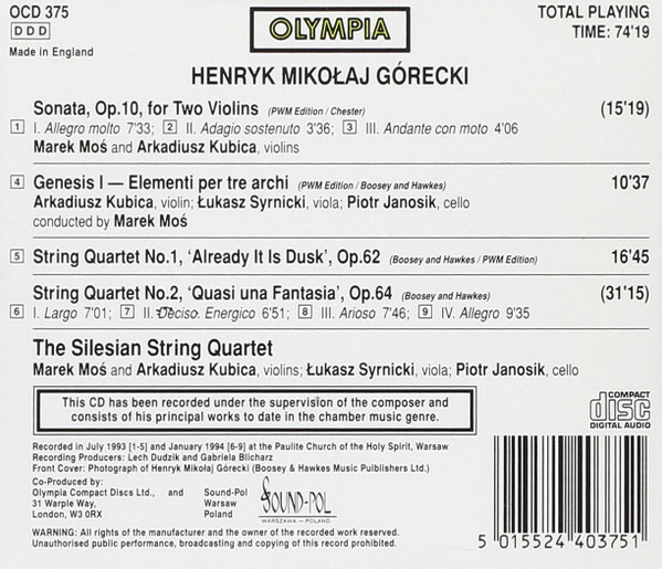 Henryk Górecki - Silesian String Quartet - String Quartets Nos. 1 & 2 • Sonata For 2 Violins • Genesis 1 (CD, Album) (Near Mint (NM or M-)) - Image 2