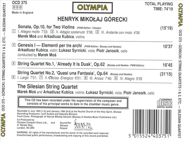 Henryk Górecki - Silesian String Quartet - String Quartets Nos. 1 & 2 • Sonata For 2 Violins • Genesis 1 (CD, Album) (Near Mint (NM or M-)) - Image 3