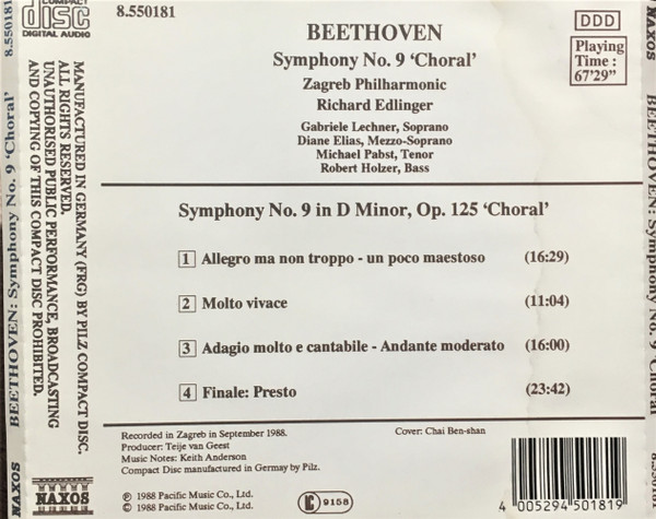 Ludwig van Beethoven, Zagrebačka Filharmonija, Richard Edlinger - Symphony No. 9 'Choral' (CD) (Near Mint (NM or M-)) - Image 2