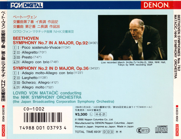 Lovro Von Matacic Conducting The NHK Symphony Orchestra - Beethoven: Symphony No. 7 In A Major, Op. 92 & Symphony No. 2 In D Major, Op. 36 (CD, Album) (Near Mint (NM or M-)) - Image 2
