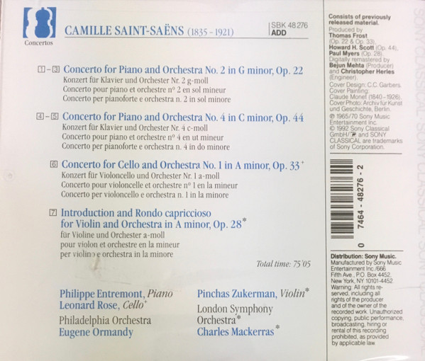 Camille Saint-Saëns • Philippe Entremont • Leonard Rose • The Philadelphia Orchestra • Eugene Ormandy - Piano Concertos Nos. 2 & 4 / Cello Concerto No. 1 (CD, Comp) (Near Mint (NM or M-)) - Image 2