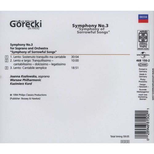 Henryk Górecki - Joanna Kozłowska • Orkiestra Symfoniczna Filharmonii Narodowej • Kazimierz Kord - Symphony No. 3 "Symphony Of Sorrowful Songs" (CD, Album, RE) (Near Mint (NM or M-)) - Image 2