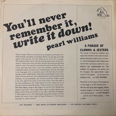Pearl Williams (2) - You'll Never Remember It, Write It Down! (LP, Album) (Mint (M)) - Image 2