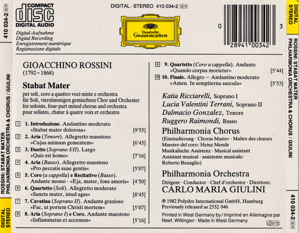 Gioacchino Rossini - Katia Ricciarelli • Lucia Valentini Terrani • Dalmacio Gonzalez • Ruggero Raimondi, Philharmonia Orchestra & Philharmonia Chorus, Carlo Maria Giulini - Stabat Mater (CD) (Near Mint (NM or M-)) - Image 2
