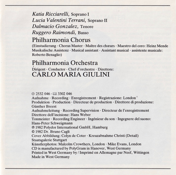 Gioacchino Rossini - Katia Ricciarelli • Lucia Valentini Terrani • Dalmacio Gonzalez • Ruggero Raimondi, Philharmonia Orchestra & Philharmonia Chorus, Carlo Maria Giulini - Stabat Mater (CD) (Near Mint (NM or M-)) - Image 5