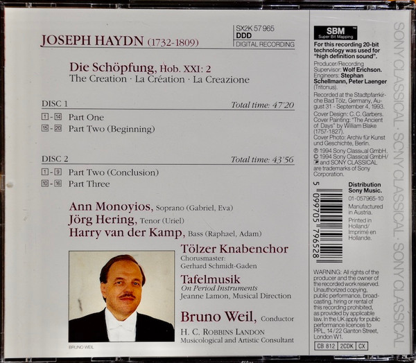Joseph Haydn, Ann Monoyios, Jörg Hering, Harry van der Kamp, Tölzer Knabenchor, Tafelmusik Baroque Orchestra, Bruno Weil - The Creation = Die Schöpfung (2xCD, Album, 20 ) (Mint (M)) - Image 4