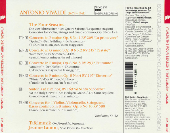 Antonio Vivaldi, Tafelmusik Baroque Orchestra, Jeanne Lamon - The Four Seasons / Sinfonia "Al Sacro Sepolcro" / Concerto Op. 3 No. 10 (CD, Album) (Near Mint (NM or M-)) - Image 2