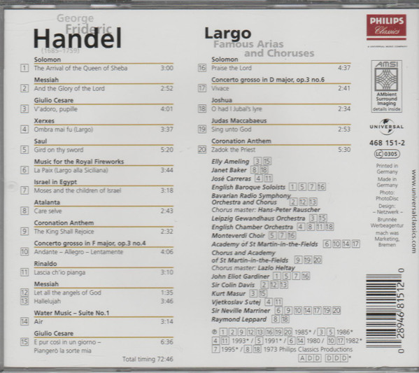 Georg Friedrich Händel - Largo - Famous Arias and Choruses (CD, Comp, RE) (Near Mint (NM or M-)) - Image 3
