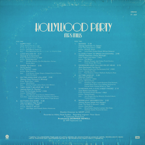 Mrs. Mills - Hollywood Party (LP, Album) (Mint (M)) - Image 2