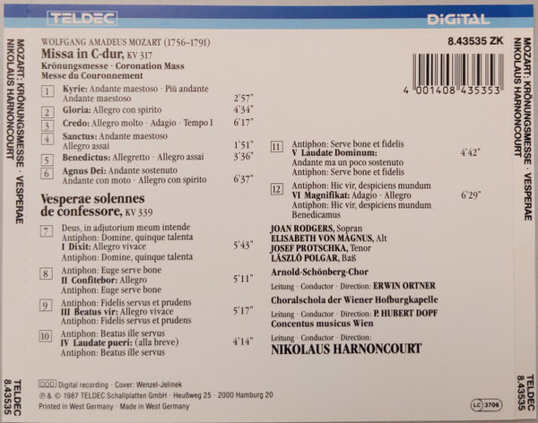 Wolfgang Amadeus Mozart - Joan Rodgers . Elisabeth Von Magnus . Josef Protschka . László Polgár . Arnold Schoenberg Chor . Concentus Musicus Wien . Nikolaus Harnoncourt, Choralschola Der Wiener Hofburgkapelle - Krönungsmesse, KV 317 - Vesperae Solennes De Confessore, KV 339 (CD, Album) (Near Mint (NM or M-)) - Image 2