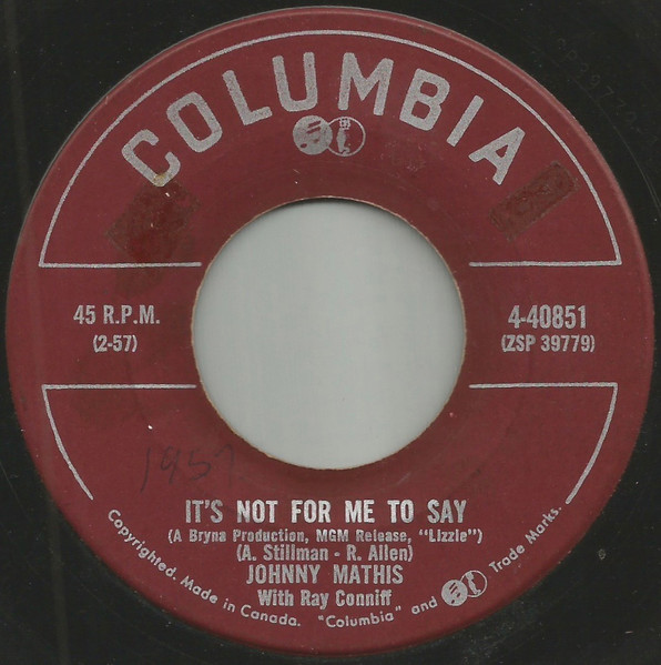 Johnny Mathis With Ray Conniff - Warm And Tender / It's Not For Me To Say (7", Single) (Very Good (VG)) - Image 2