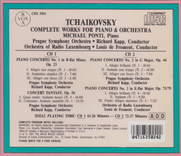 Pyotr Ilyich Tchaikovsky, Michael Ponti, The Prague Symphony Orchestra, Richard Kapp, Orchestra Of Radio Luxembourg, Louis De Froment - Tchaikovsky: Complete Works For Piano & Orchestra (2xCD, Comp) (Near Mint (NM or M-)) - Image 2