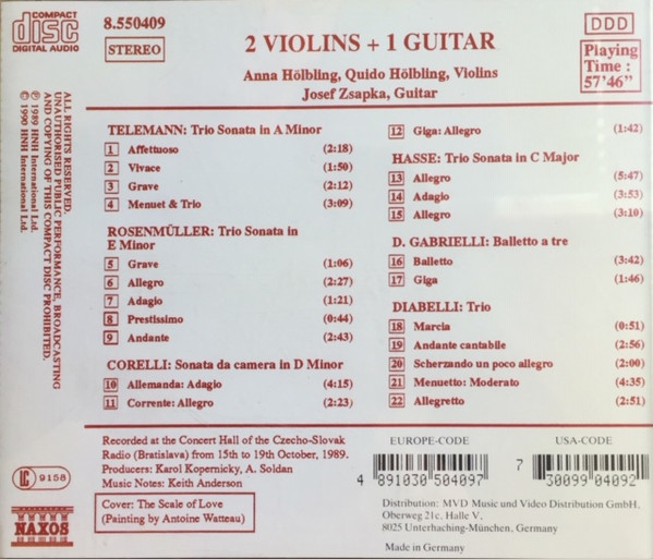 Georg Philipp Telemann, Johann Rosenmüller, Arcangelo Corelli, Johann Adolf Hasse, Domenico Gabrielli, Anton Diabelli - Anna Hölblingová, Quido Hölbling, Jozef Zsapka, Ján Slávik - 2 Violins + 1 Guitar (CD, Album) (Near Mint (NM or M-)) - Image 2