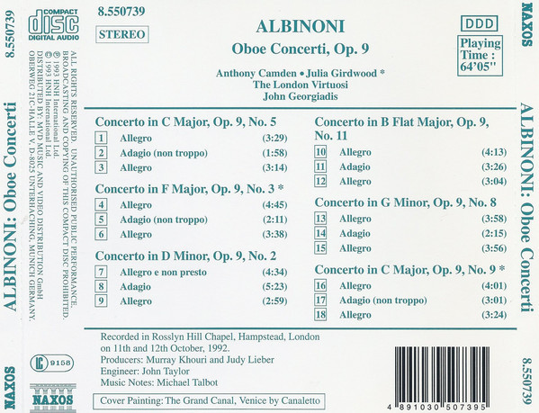 Tomaso Albinoni - Anthony Camden, The London Virtuosi, John Georgiadis - Oboe Concerti Op. 9, Nos. 2, 3, 5, 8, 9 & 11 (CD, Album) (Near Mint (NM or M-)) - Image 2