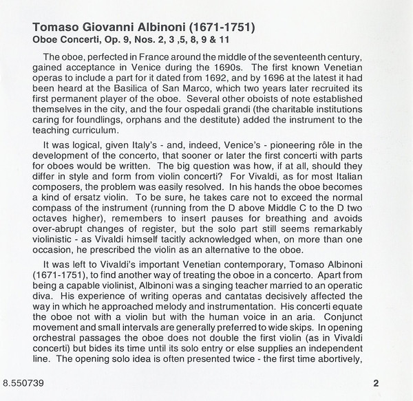Tomaso Albinoni - Anthony Camden, The London Virtuosi, John Georgiadis - Oboe Concerti Op. 9, Nos. 2, 3, 5, 8, 9 & 11 (CD, Album) (Near Mint (NM or M-)) - Image 3
