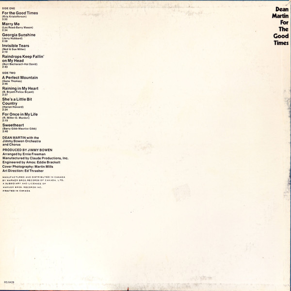 Dean Martin - For The Good Times (LP, Album) (Mint (M)) - Image 2