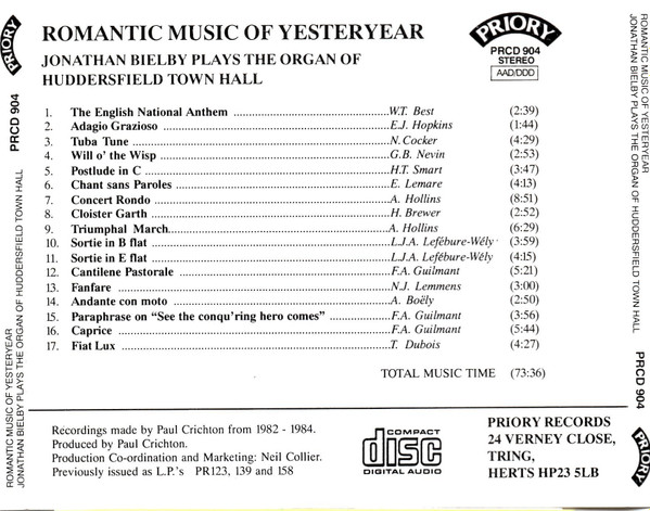 Jonathan Bielby - Romantic Music Of Yesteryear - Jonathan Bielby Plays The Organ Of Huddersfield Town Hall (CD, Comp) (Near Mint (NM or M-)) - Image 2