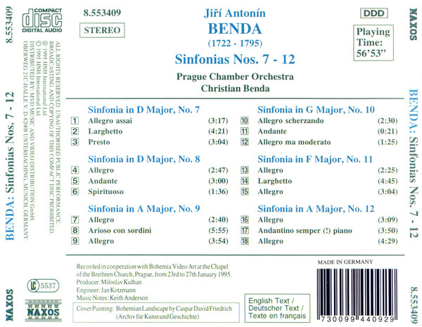 Georg Anton Benda - Prague Chamber Orchestra, Christian Benda - Sinfonias Nos. 7 - 12 (CD, Album) (Near Mint (NM or M-)) - Image 2