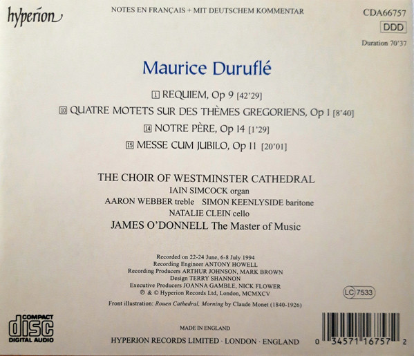 Maurice Duruflé, James O'Donnell (2), Aaron Webber, Simon Keenlyside, Natalie Clein, Westminster Cathedral Choir - Requiem - Mass 'Cum Jubilo' (CD, Album) (Near Mint (NM or M-)) - Image 2