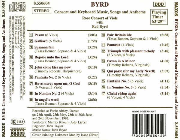 William Byrd – Rose Consort Of Viols With Red Byrd - Consort And Keyboard Music, Songs And Anthems (CD, Album, RP) (Near Mint (NM or M-)) - Image 2