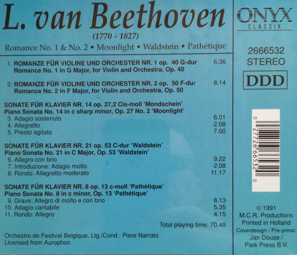 Ludwig van Beethoven, Orchestre Du Festival Belgique, Pierre Narrato - Romance No 1 & No. 2 - Moonlight - Waldstein - Pathétique (CD, Comp) (Near Mint (NM or M-)) - Image 2