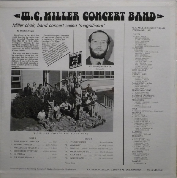 W.C. Miller Concert Band - W.C. Miller Concert Band Altona 1973 (LP, Album) (Mint (M)) - Image 2