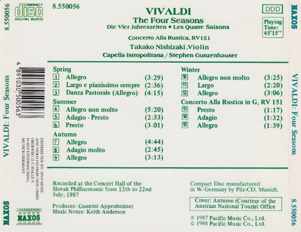 Antonio Vivaldi, Takako Nishizaki, Capella Istropolitana, Stephen Gunzenhauser - The Four Seasons, Concerto Alla Rustica In G, RV 151 (CD, Album) (Near Mint (NM or M-)) - Image 2