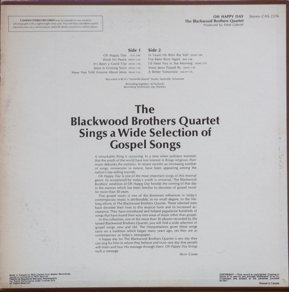 The Blackwood Brothers Quartet - Oh Happy Day (LP, Album) (Mint (M)) - Image 2