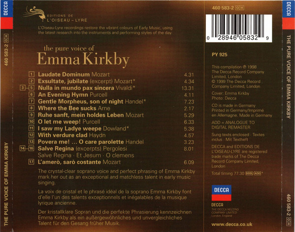 Emma Kirkby, The Academy Of Ancient Music, Christopher Hogwood - The Pure Voice Of Emma Kirkby (CD, Comp) (Near Mint (NM or M-)) - Image 3