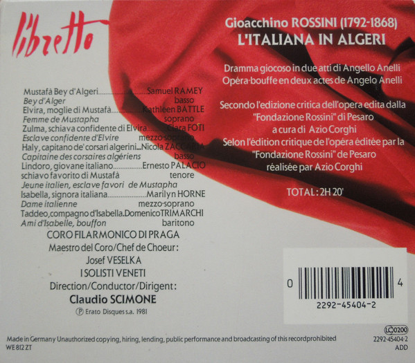 Gioacchino Rossini - Marilyn Horne • Samuel Ramey • Kathleen Battle • Ernesto Palacio • Nicola Zaccaria • I Solisti Veneti • Claudio Scimone - L'Italiana In Algeri (2xCD, Album, RE, RM + Box, Sli) (Near Mint (NM or M-)) - Image 2
