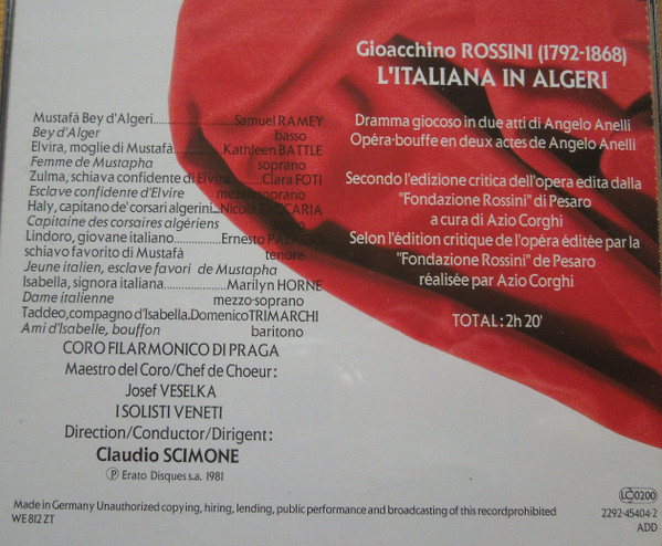 Gioacchino Rossini - Marilyn Horne • Samuel Ramey • Kathleen Battle • Ernesto Palacio • Nicola Zaccaria • I Solisti Veneti • Claudio Scimone - L'Italiana In Algeri (2xCD, Album, RE, RM + Box, Sli) (Near Mint (NM or M-)) - Image 3
