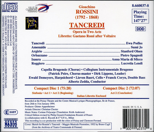 Gioacchino Rossini - Ewa Podleś • Sumi Jo • Stanford Olsen • Pietro Spagnoli • Anna Maria di Micco • Lucretia Lendi • Capella Brugensis • Collegium Instrumentale Brugense • Alberto Zedda - Tancredi (2xCD, Album, RE) (Near Mint (NM or M-)) - Image 2