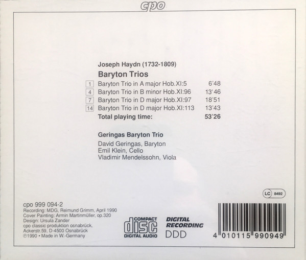 Joseph Haydn, Geringas Baryton Trio - Baryton Trios (CD, Album) (Near Mint (NM or M-)) - Image 2