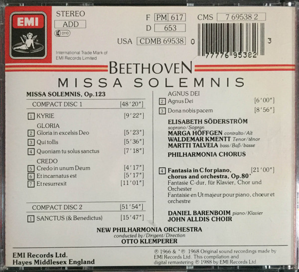 Ludwig van Beethoven, Otto Klemperer, New Philharmonia Orchestra - Elisabeth Söderström, Marga Höffgen, Waldemar Kmentt, Martti Talvela, New Philharmonia Chorus / Daniel Barenboim, John Alldis Choir - Missa Solemnis / Choral Fantasia (2xCD, Comp, RE, RM) (Near Mint (NM or M-)) - Image 2