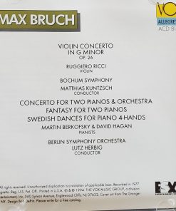 Alternative view of Max Bruch - Ruggiero Ricci, Bochumer Symphoniker, Matthias Kuntzsch / Martin Berkofsky, David Hagan, Berliner Symphoniker, Lutz Herbig - Violin Concerto In G Minor Op. 26 / Concerto For Two Pianos & Orchestra / Fantasy For Two Pianos / Swedish Dances For Piano 4-Hands (CD, Album) (Near Mint (NM or M-))
