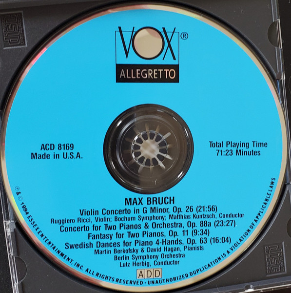 Max Bruch - Ruggiero Ricci, Bochumer Symphoniker, Matthias Kuntzsch / Martin Berkofsky, David Hagan, Berliner Symphoniker, Lutz Herbig - Violin Concerto In G Minor Op. 26 / Concerto For Two Pianos & Orchestra / Fantasy For Two Pianos / Swedish Dances For Piano 4-Hands (CD, Album) (Near Mint (NM or M-)) - Image 3