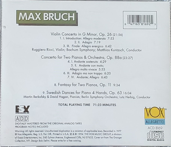Max Bruch - Ruggiero Ricci, Bochumer Symphoniker, Matthias Kuntzsch / Martin Berkofsky, David Hagan, Berliner Symphoniker, Lutz Herbig - Violin Concerto In G Minor Op. 26 / Concerto For Two Pianos & Orchestra / Fantasy For Two Pianos / Swedish Dances For Piano 4-Hands (CD, Album) (Near Mint (NM or M-)) - Image 4
