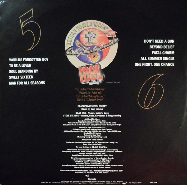 Billy Idol - Whiplash Smile (LP, Album) (Mint (M)) - Image 5
