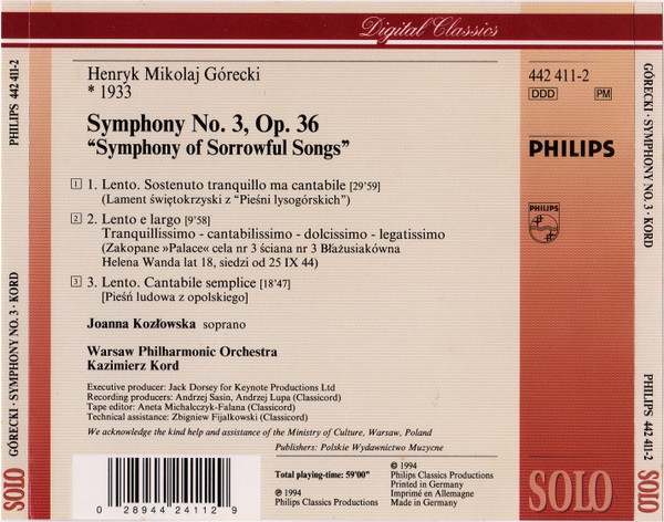 Henryk Górecki, Joanna Kozłowska, Orkiestra Symfoniczna Filharmonii Narodowej, Kazimierz Kord - Symphony No. 3 (CD) (Near Mint (NM or M-)) - Image 2