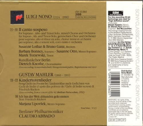 Luigi Nono, Gustav Mahler, Claudio Abbado - Berliner Philharmoniker, Barbara Bonney, Susanne Otto, Marek Torzewski, Susanne Lothar, Bruno Ganz, Rundfunkchor Berlin / Marjana Lipovšek - Nono - Il Canto Sospeso / Mahler - Kindertotenlieder (CD, Album) (Near Mint (NM or M-)) - Image 3