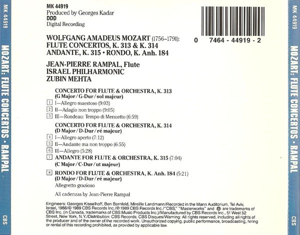 Wolfgang Amadeus Mozart - Jean-Pierre Rampal, Israel Philharmonic Orchestra, Zubin Mehta - Flute Concertos, K. 313 & 314 · Andante, K. 315 · Rondo, K. Anh. 184 (CD, Album) (Near Mint (NM or M-)) - Image 2